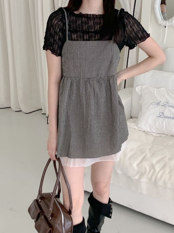 鄰家女孩格紋綁帶背心 