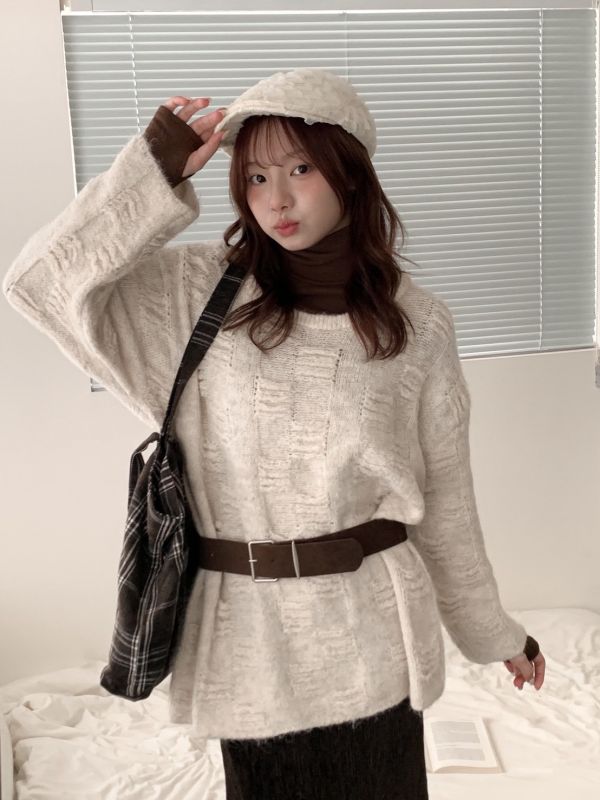 繫住溫柔 毛絨針織上衣＋麂皮腰帶 （2色） 