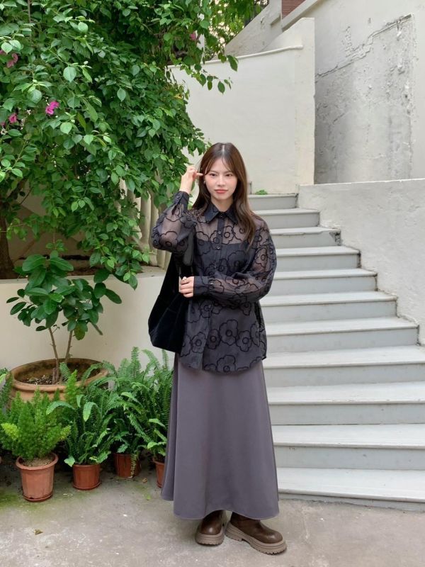 渡假氛圍花花透紗襯衫 後綁帶設計 微透感小性感 寬鬆顯瘦襯衫（3色） 