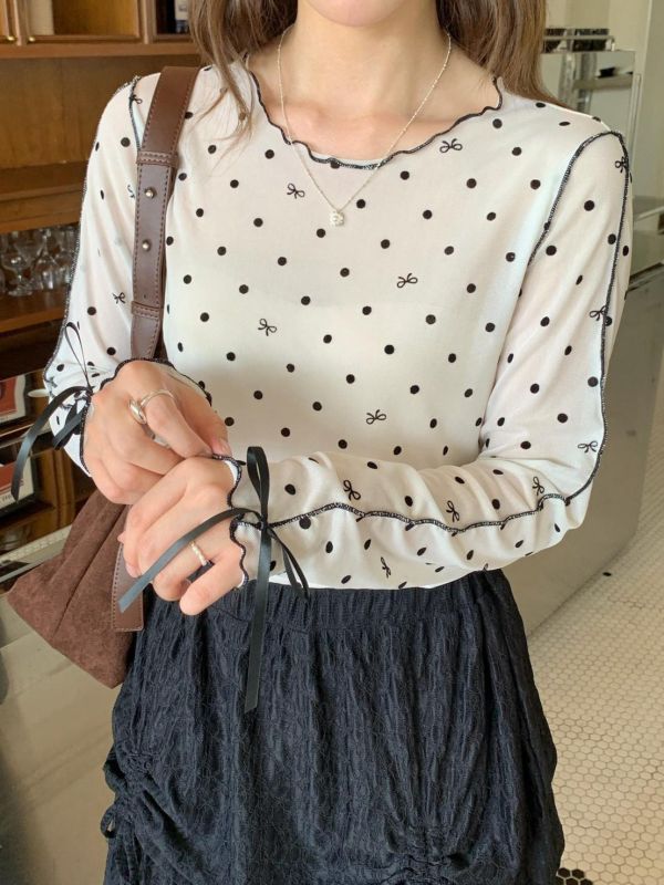 秋日約會手札 蝴蝶結波點透膚打底衣 木耳邊長袖上衣 法式復古內搭 (3色） 