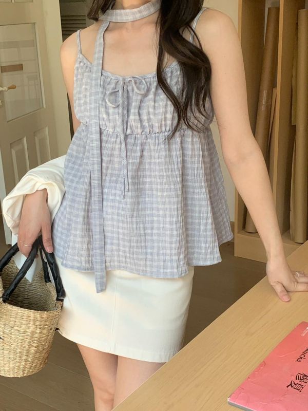 春日微霧感  細格綁帶背心+薄罩衫兩件套 韓系溫柔疊穿 （2色） 