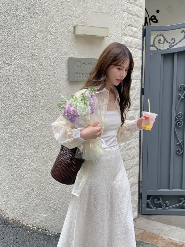 渡假氛圍花花透紗襯衫 後綁帶設計 微透感小性感 寬鬆顯瘦襯衫（3色） 