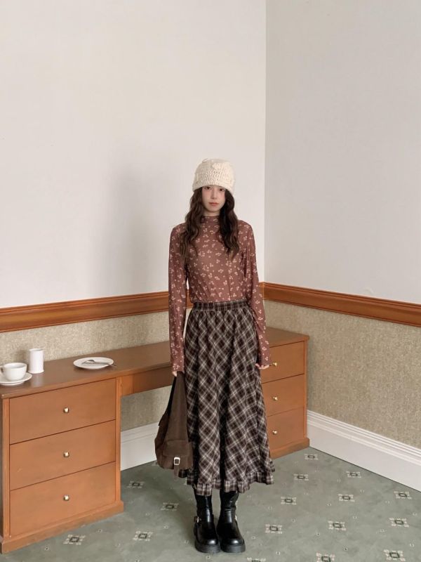 京都日落 日系復古格紋長裙 顯瘦A字版型 鬆緊腰不勒 垂墜好走路秋冬百搭必收（2色） 