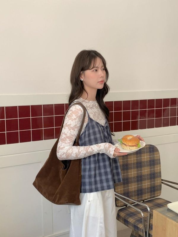 奶霧初戀 格紋細肩小背心 韓系小可愛上衣 顯瘦小隻女孩必收 