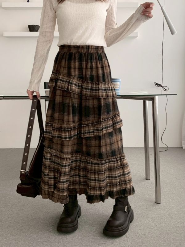 在裙擺裡藏了一點浪漫 多層次格紋蛋糕長裙 顯瘦鬆緊腰 （2色） 