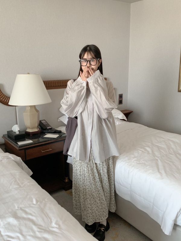 收集美好 寬鬆日系澎袖長版襯衫 (3色) 