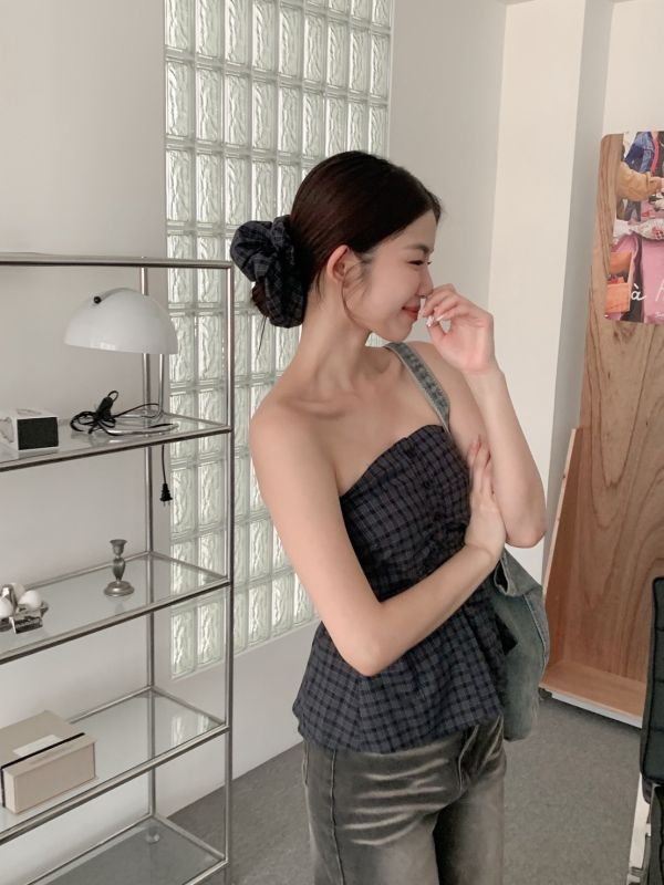 韓妞擔當 格紋平口排扣格紋背心（附髮圈）3色 