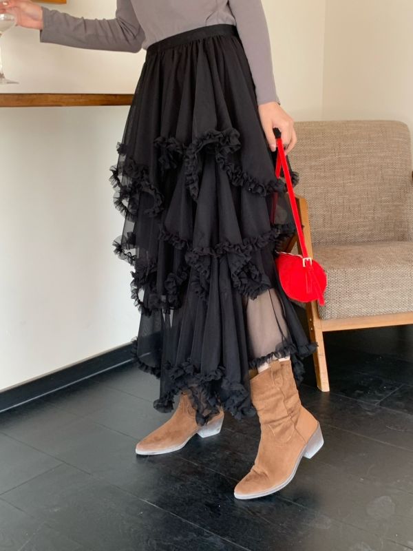 珍妮的搖籃曲 韓系復古層次紗裙 高級感垂墜不膨脹 顯瘦神比例（3色） 