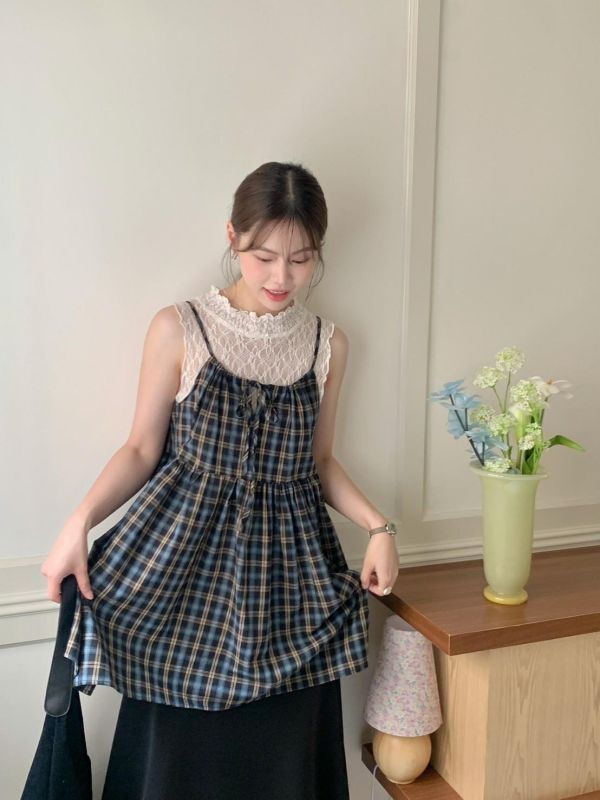 英倫週末日記 格紋細肩洋裝 輕甜版型背心（2色） 