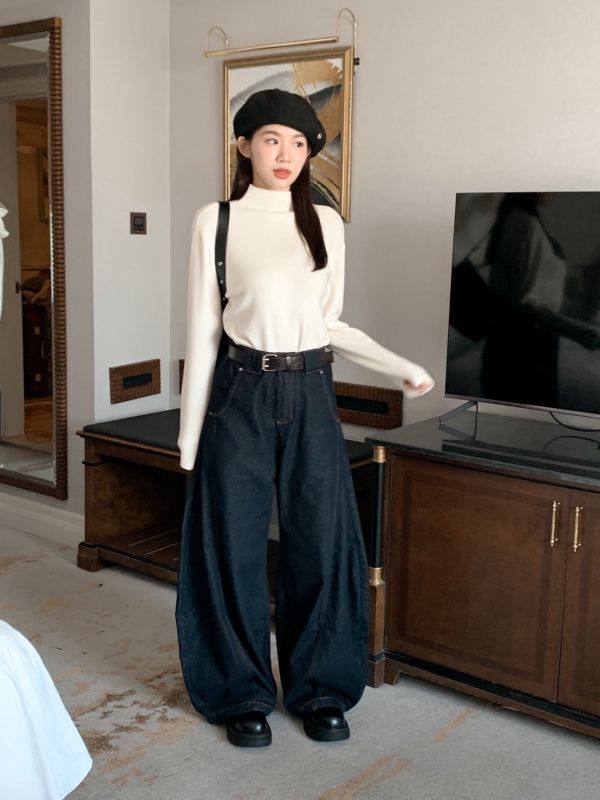 城市深藍 復古大寬褲 走路自帶帥氣風（S-2XL) 