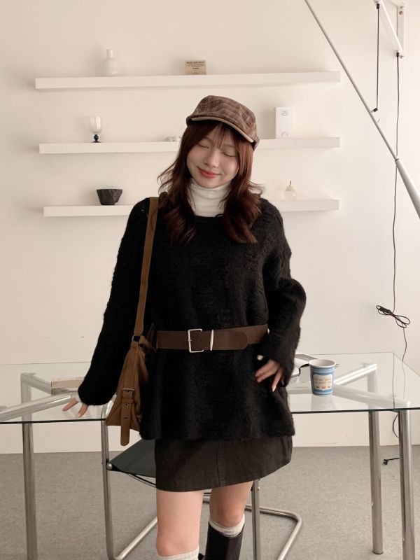 繫住溫柔 毛絨針織上衣＋麂皮腰帶 （2色） 