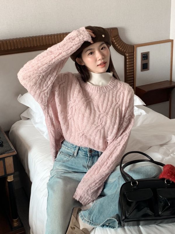 自訂款 奶油編織 立體麻花厚針織上衣 顯瘦寬鬆款（3色） 