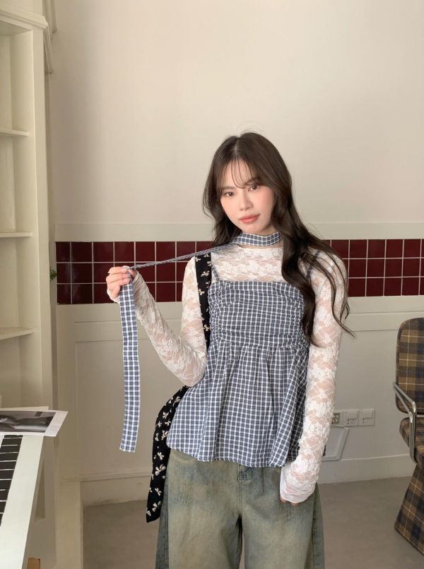 初戀日記 格紋背心 韓系甜感小可愛 顯瘦傘狀上衣（3色） 
