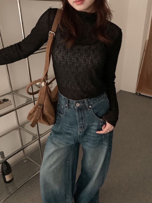 柔和打底 皺皺透膚高領長袖上衣 法式內搭 捲邊設計 百搭打底衫 （3色） 