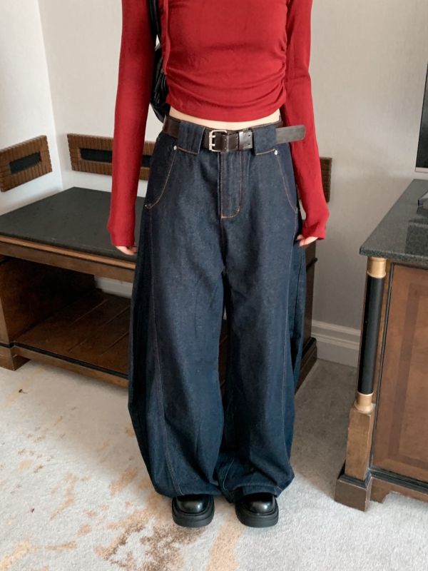 城市深藍 復古大寬褲 走路自帶帥氣風（S-2XL) 