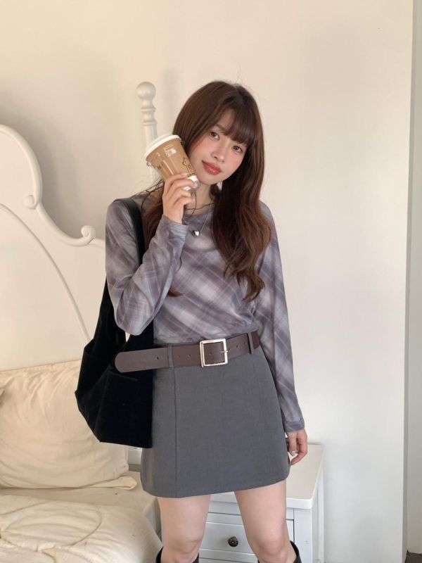 落日咖啡館 氣質A字裙 顯腿長百搭短裙 秋冬質感小裙子 氣質通勤約會穿搭（附皮帶） 