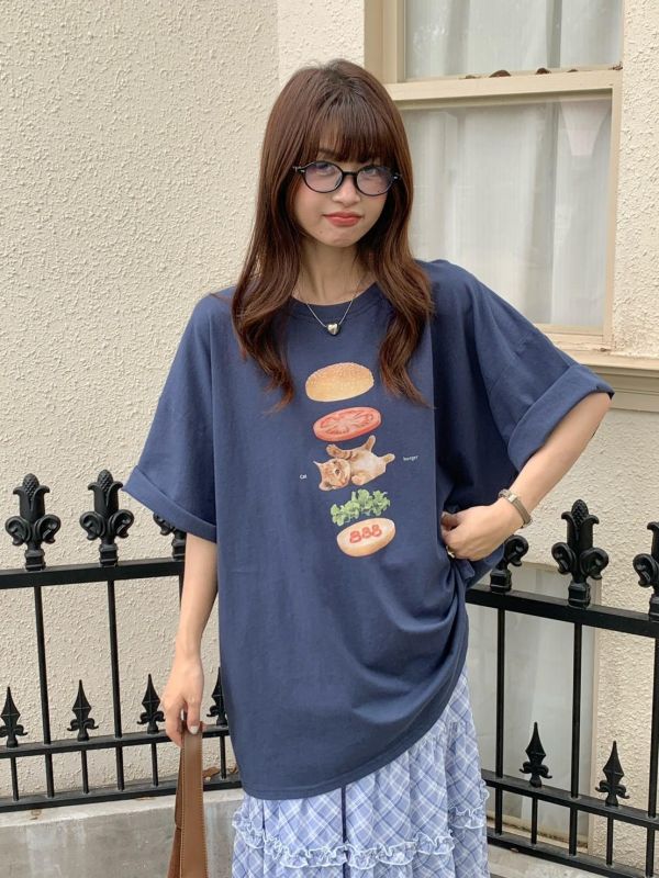 貓咪午餐漢堡印花T  寬鬆短袖上衣 百搭休閒T（6色） 