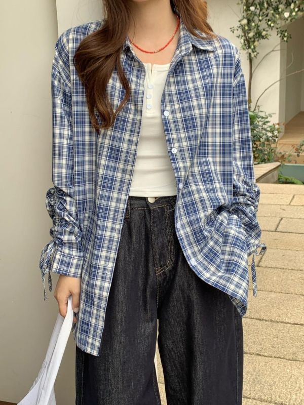 海岸微風格紋襯衫 韓系格紋襯衫 抽繩袖襯衫 長袖襯衫 寬鬆顯瘦 百搭襯衫（2色） 