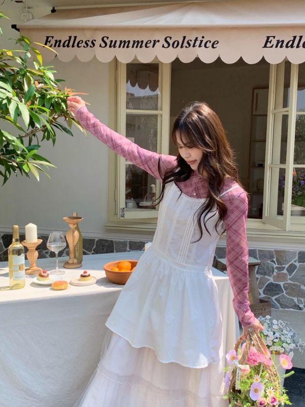 歐系少女層次感 格紋透膚長袖 木耳邊打底上衣（3色） 