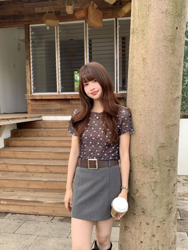 櫻桃糖心 網紗上衣  韓系印花透膚打底衫 百搭短袖（4色） 