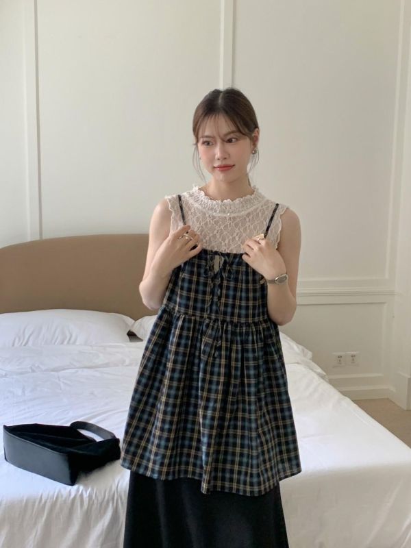 英倫週末日記 格紋細肩洋裝 輕甜版型背心（2色） 