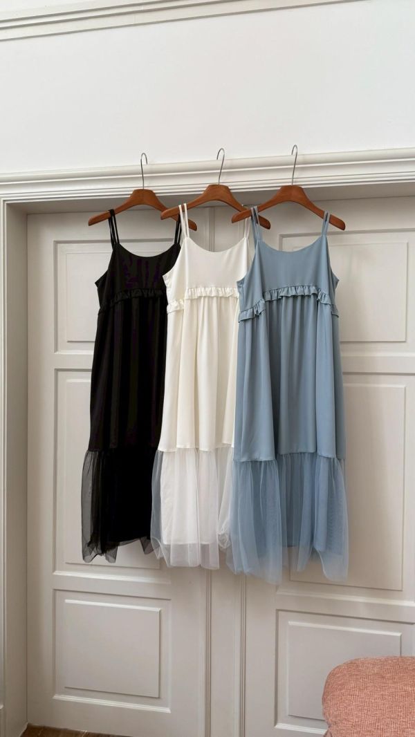 花影層層 細肩輕紗蛋糕洋裝（3色） 