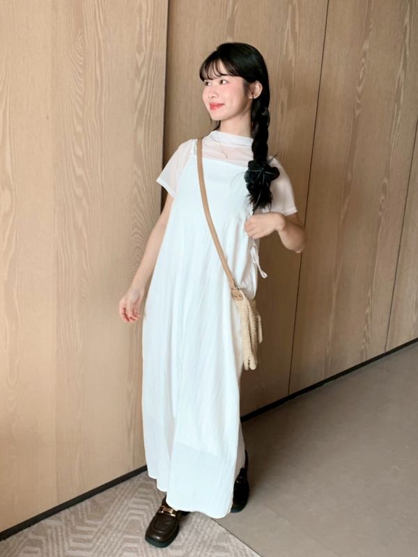 韓系溫柔派少女 工裝感吊帶洋裝 整套販售（洋裝+透膚上衣） 