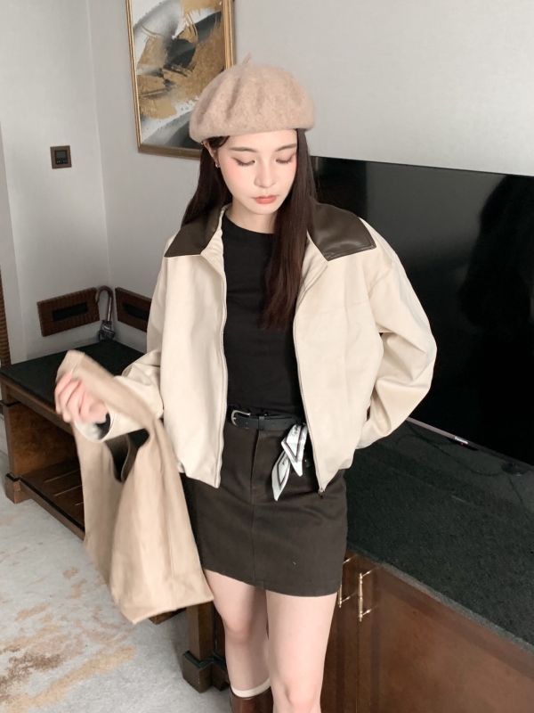 溫柔與俐落 麂皮拼接皮革外套 