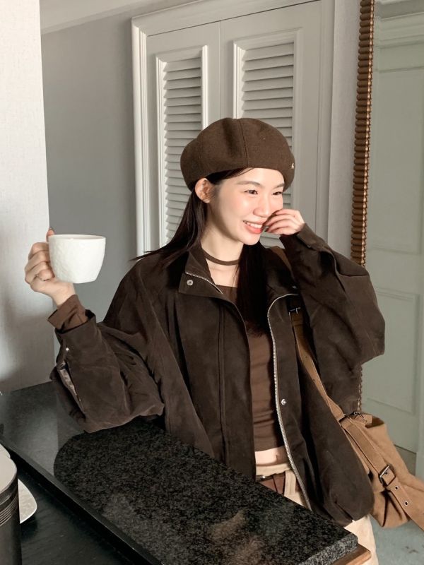 冬季綠野 霧面麂皮 立領澎感外套 高級感顯瘦版（2色） 