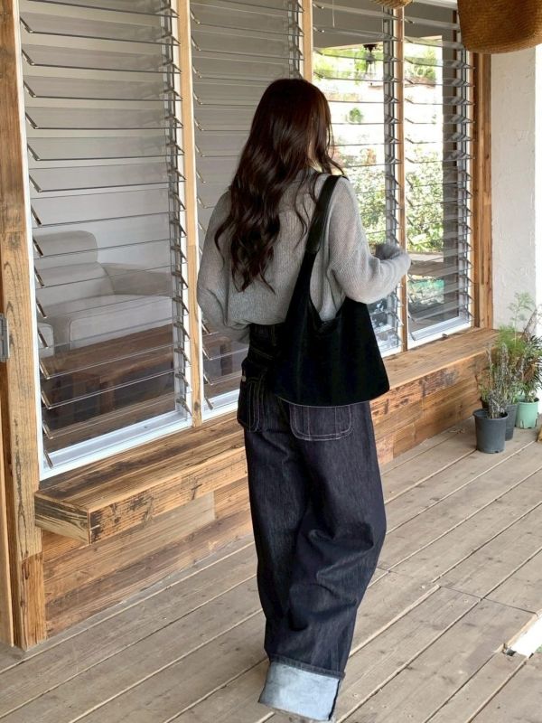 深夜街拍牛仔褲 韓系高腰顯瘦牛仔褲 女生百搭寬褲 復古深色牛仔褲（S-XL) 