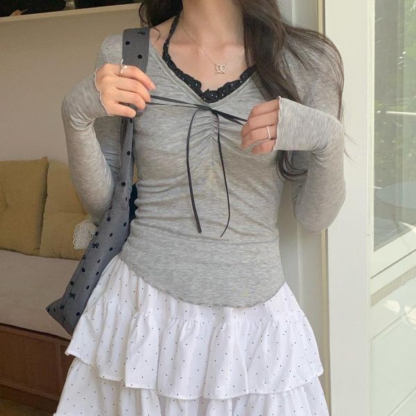 春日心跳蕾絲拼接上衣 蕾絲拼接綁帶長袖上衣 韓系內搭打底（2色） 