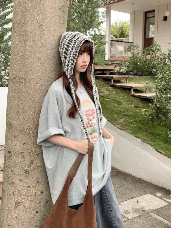 貓咪午餐漢堡印花T  寬鬆短袖上衣 百搭休閒T（6色） 