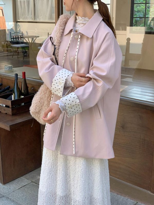 晚秋小町散步 點點袖口綁帶長版外套 日系小千金翻領大衣 秋季氣質外套（3色） 