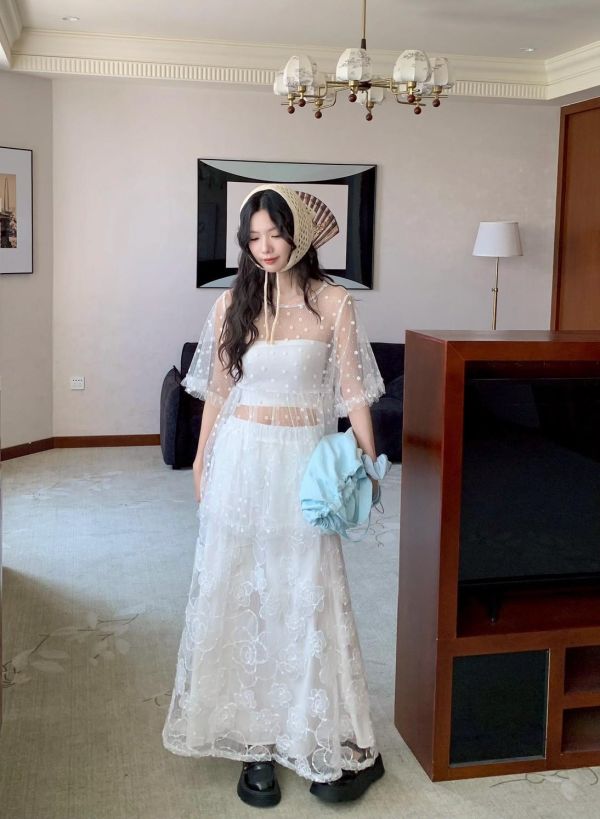 自訂款 花嫁光影 透紗小花洋裝上衣 婚禮氛圍感仙氣罩衫（2色） 
