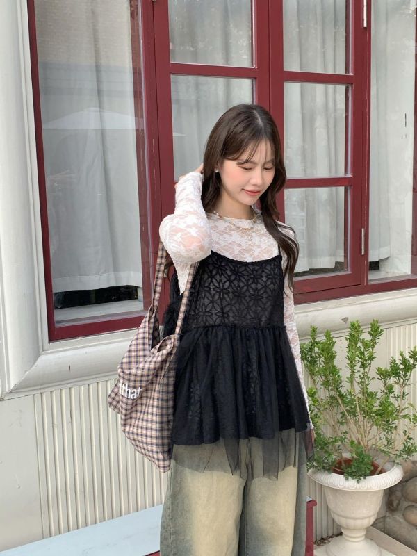 星光輕紗娃娃背心 韓系透紗層次 小性感寬鬆顯瘦 外搭內搭背心（4色） 