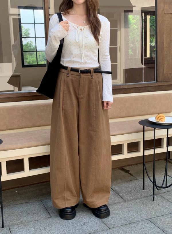 京都暮色散步 附皮帶高腰西裝寬褲 日系垂墜落地長褲 顯瘦打褶西裝褲 （4色） 