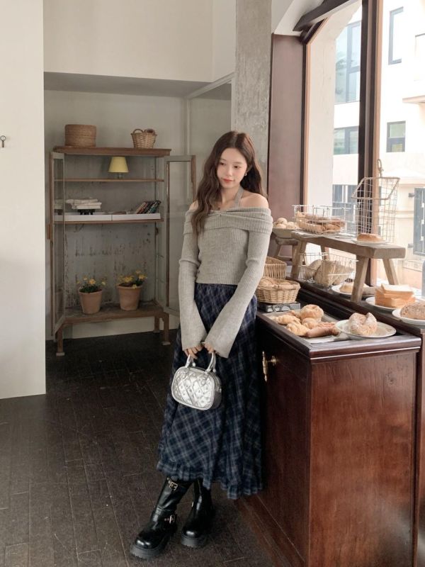 京都日落 日系復古格紋長裙 顯瘦A字版型 鬆緊腰不勒 垂墜好走路秋冬百搭必收（2色） 