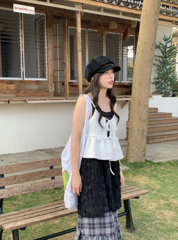 晚風花紋細肩背心 韓系短版顯瘦 小性感荷葉上衣 春夏百搭背心（3色） 