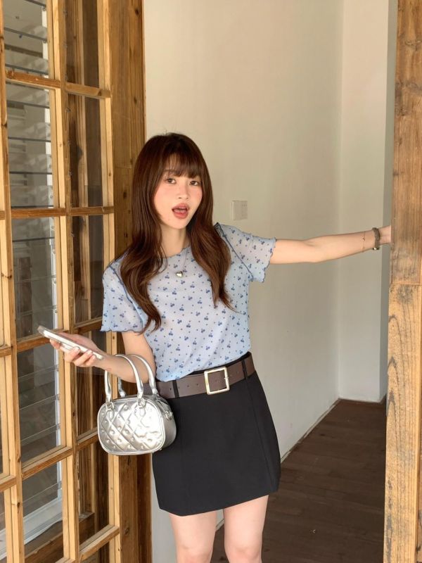 櫻桃糖心 網紗上衣  韓系印花透膚打底衫 百搭短袖（4色） 