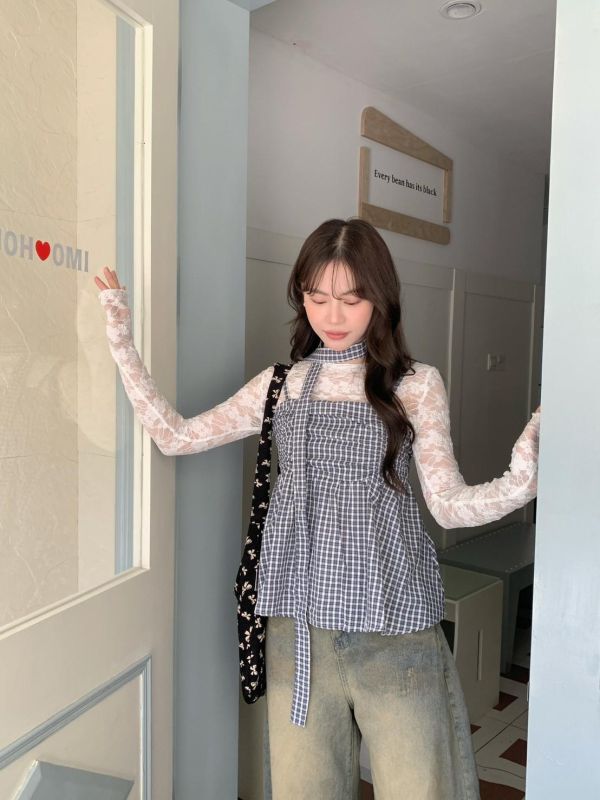 初戀日記 格紋背心 韓系甜感小可愛 顯瘦傘狀上衣（3色） 