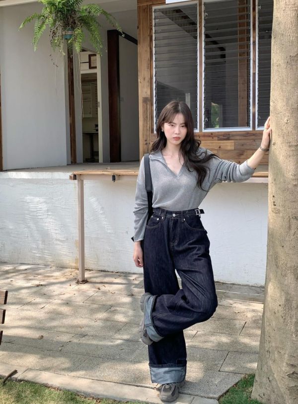 深夜街拍牛仔褲 韓系高腰顯瘦牛仔褲 女生百搭寬褲 復古深色牛仔褲（S-XL) 