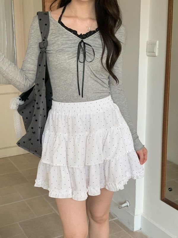 奶霜點點蛋糕短裙 韓系高腰顯瘦 層次荷葉裙 小辣感短裙 百搭春裝（2色） 