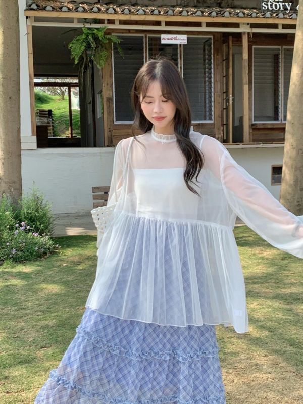 雲霧娃娃 網紗上衣 韓系透膚長袖顯瘦上衣 百搭氣質上衣（3色） 