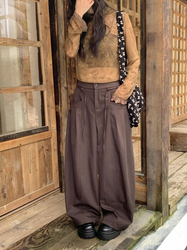 秋日鬆弛感 奶芙棉彎刀寬褲 高腰顯瘦落地長褲 雙口袋休閒褲(2色） 