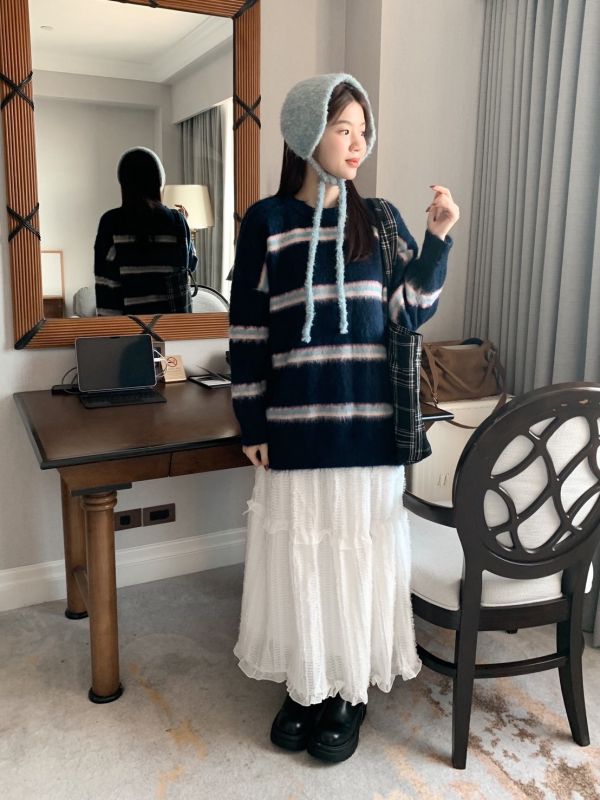 糖霜電波 毛絨條紋寬鬆針織上衣 冬日軟萌百搭款（3色） 