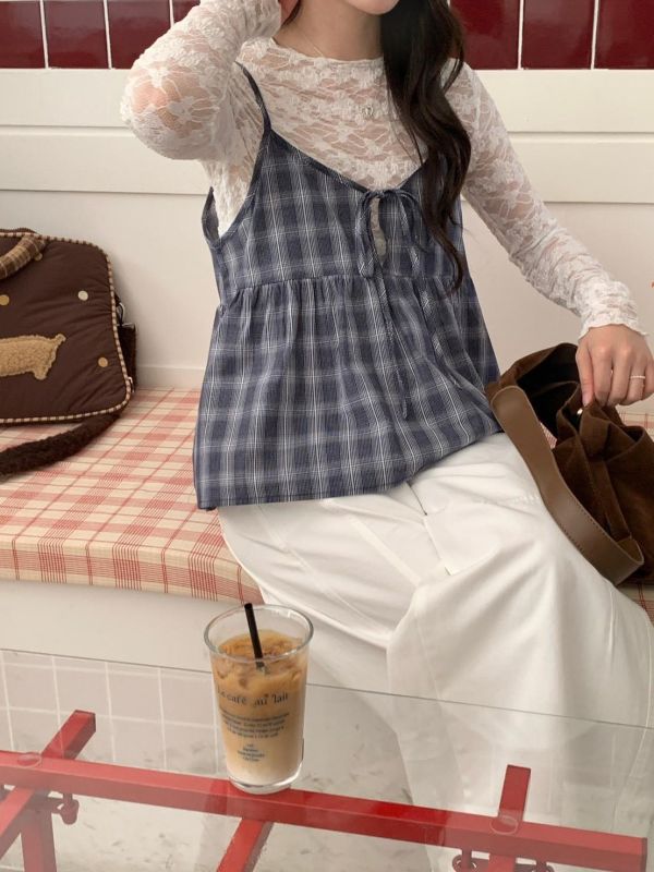奶霧初戀 格紋細肩小背心 韓系小可愛上衣 顯瘦小隻女孩必收 