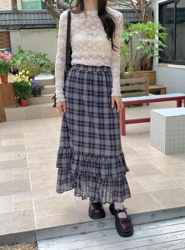 藍莓奶油格紋蛋糕裙 韓系高腰顯瘦層次荷葉裙（2色） 
