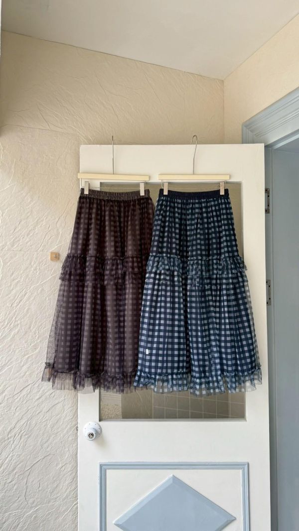 霧夜格紋長裙 紗層荷葉裙（4色） 