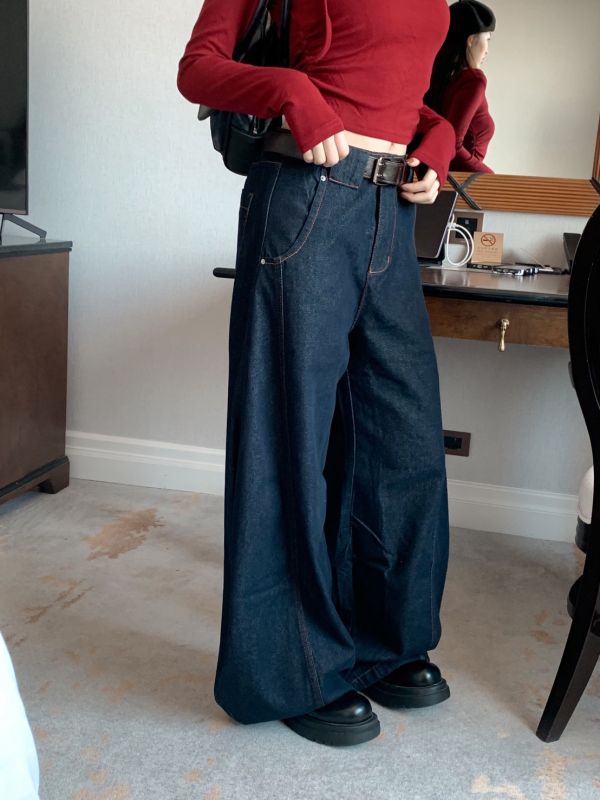 城市深藍 復古大寬褲 走路自帶帥氣風（S-2XL) 