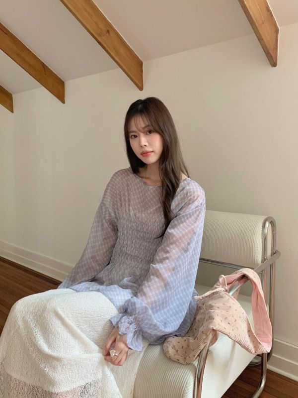 英倫花園日常 格紋抓皺上衣 收腰顯瘦款（2色） 